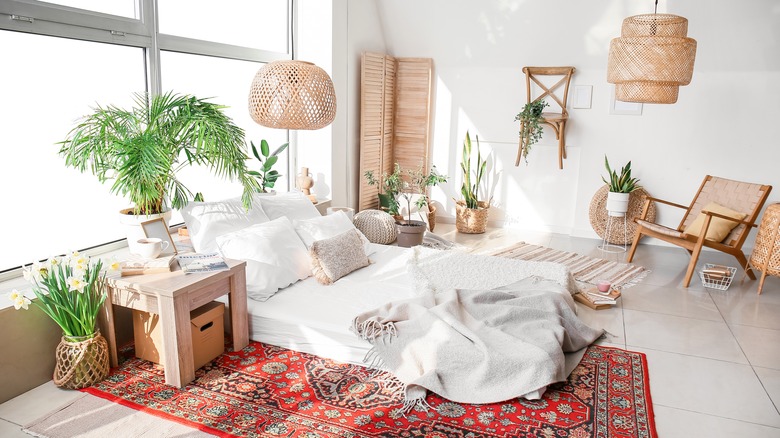 red patterned rug in bedroom