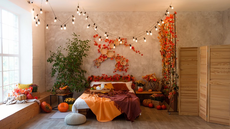 bedroom decorated for fall