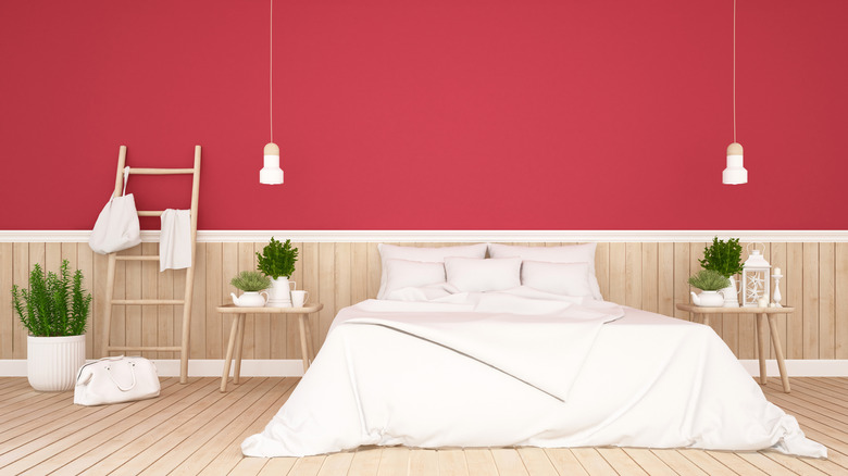 wood and red bedroom wall