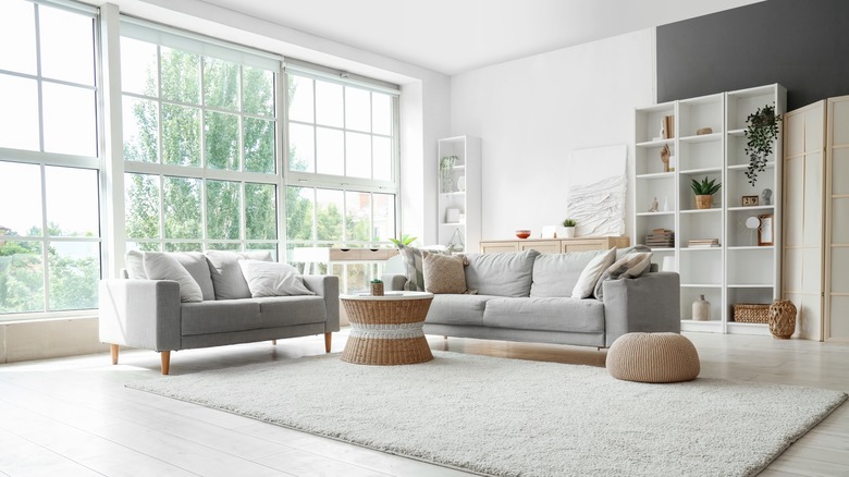 Living area with light gray couch and loveseat lit by large windows