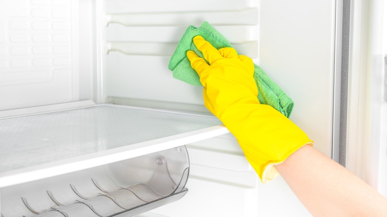 Gloved hand wiping fridge 