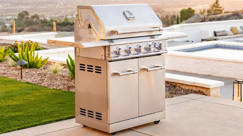 stainless steel grill beside pool