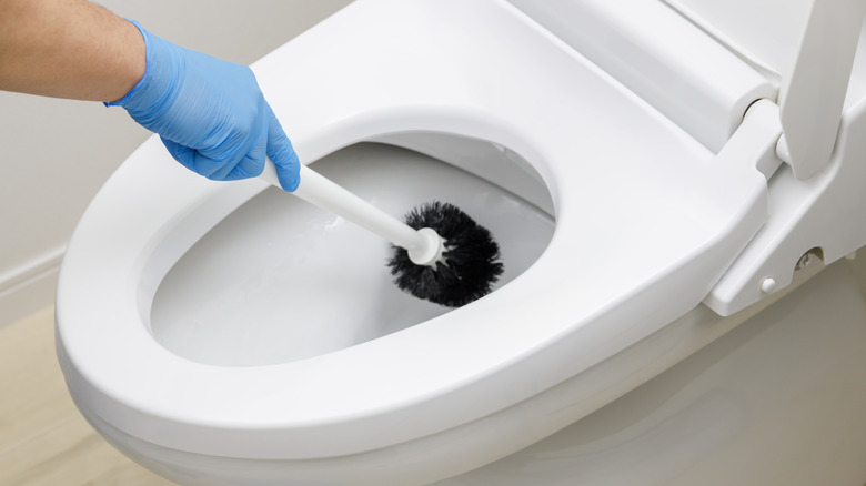 scrubbing toilet with brush