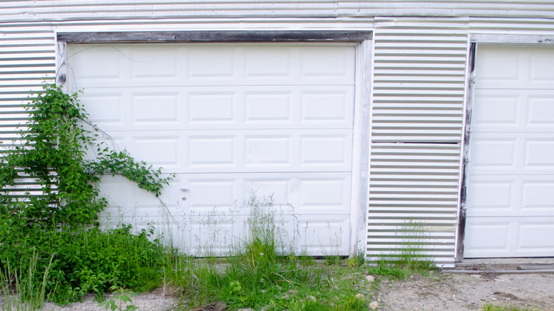 white garage door with overgrown weeds