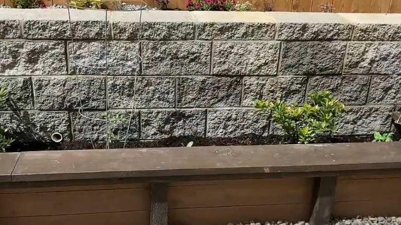 A timber raised garden bed built in front of a tall concrete block retaining wall