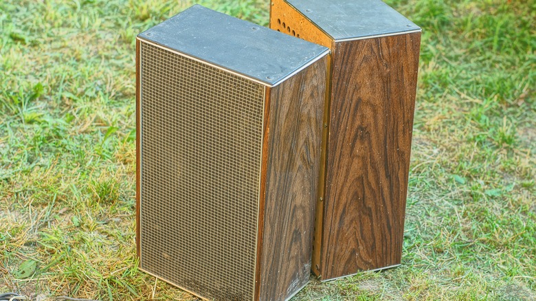 A pair of old stereo speakers outdoors on a lawn