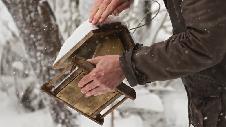 Person taking apart a bird feeder