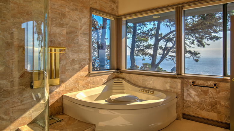 tub in corner of bathroom