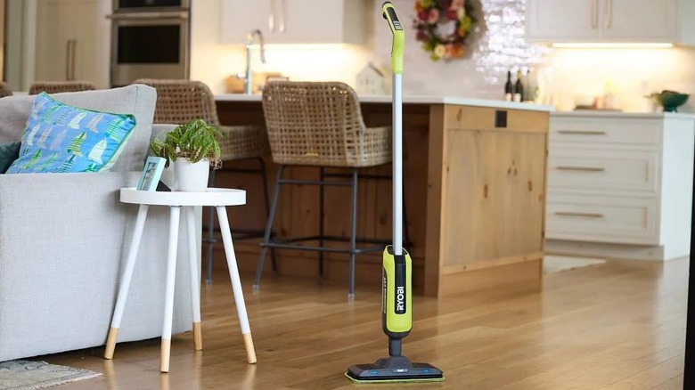 Ryobi power mop standing upright in a kitchen