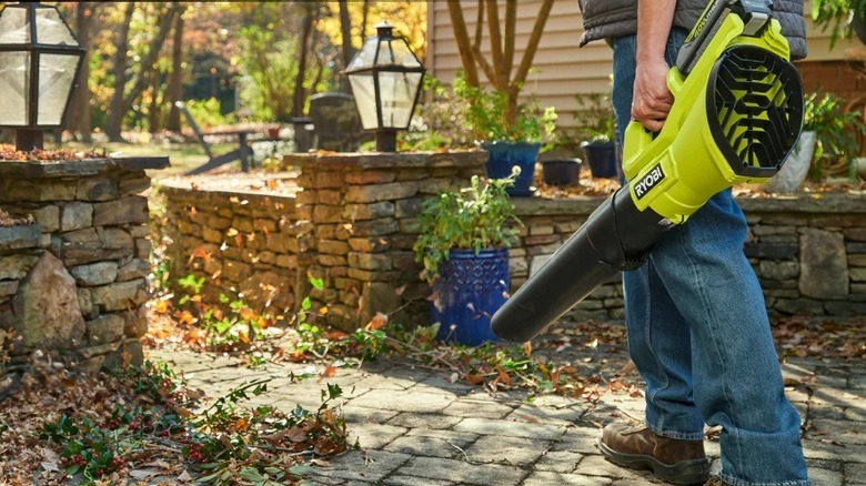 Person blowing leaves off a porch with a Ryobi blower