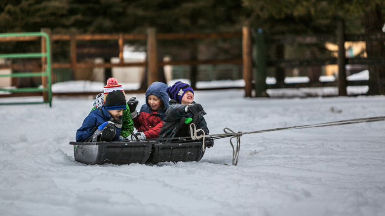 Four children being pulled on a slow sled