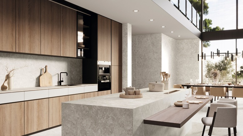 A modern kitchen with ceramic slab countertops