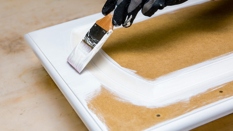 A person painting a cabinet door white