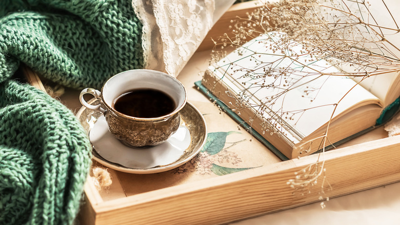 wooden tray with coffee cup