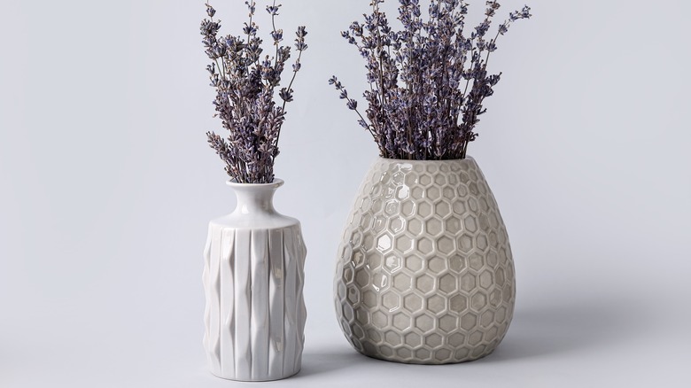 two neutral vases with lavender