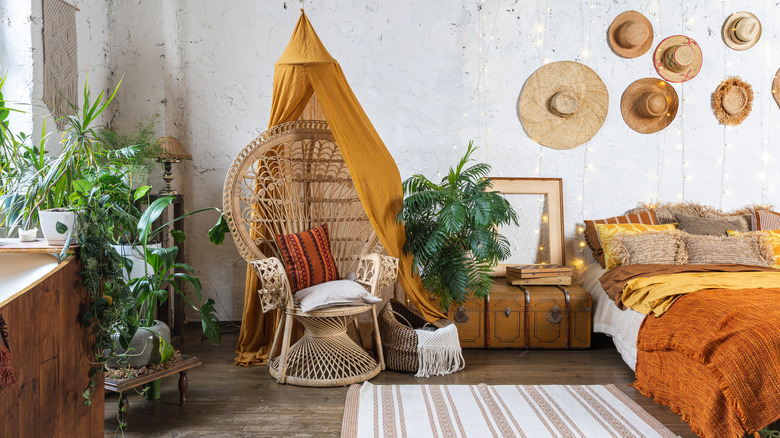 boho bedroom with earthy colors