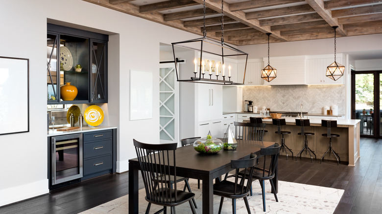 wooden beams in dining room