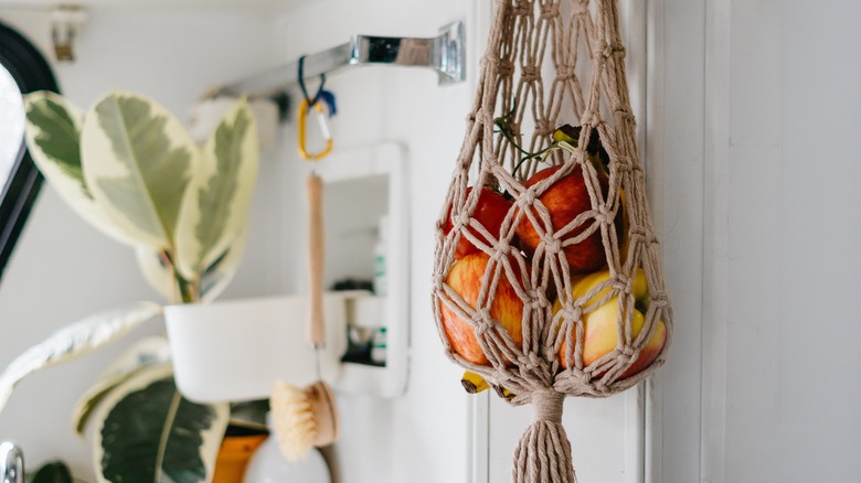 tan knit hanging fruit basket