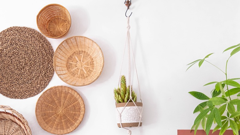 circle wicker baskets on wall