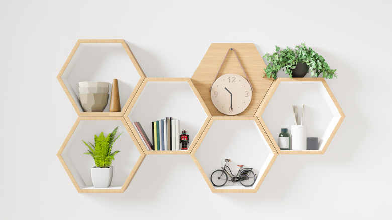 wooden and white hexagon shelves