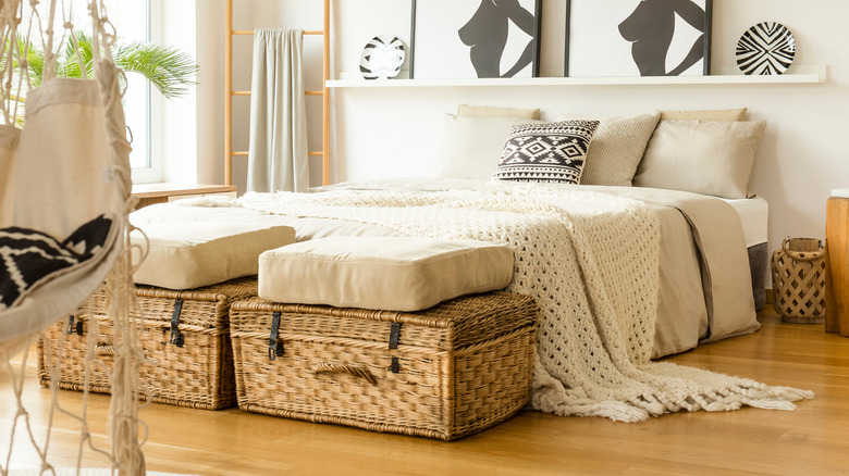 wicker baskets in bedroom