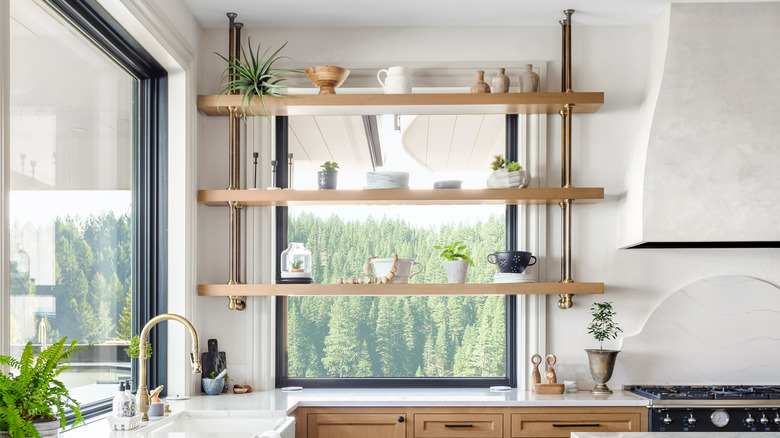 wooden shelves before a window