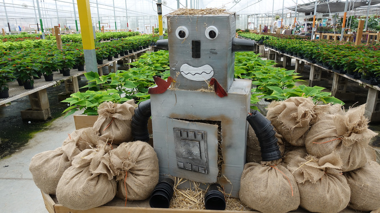 robot scarecrow in garden center