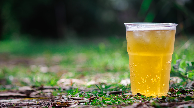 Cup of beer on lawn