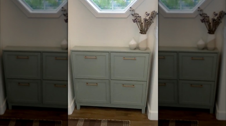 blue gray shoe cabinet brass hardware