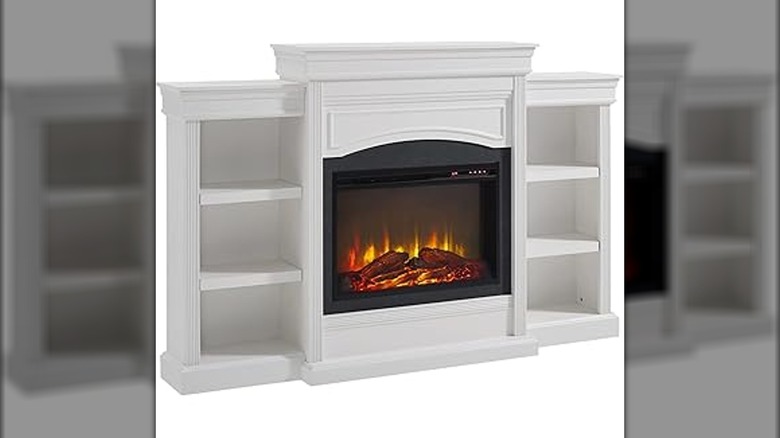 An indoor fireplace with shelves