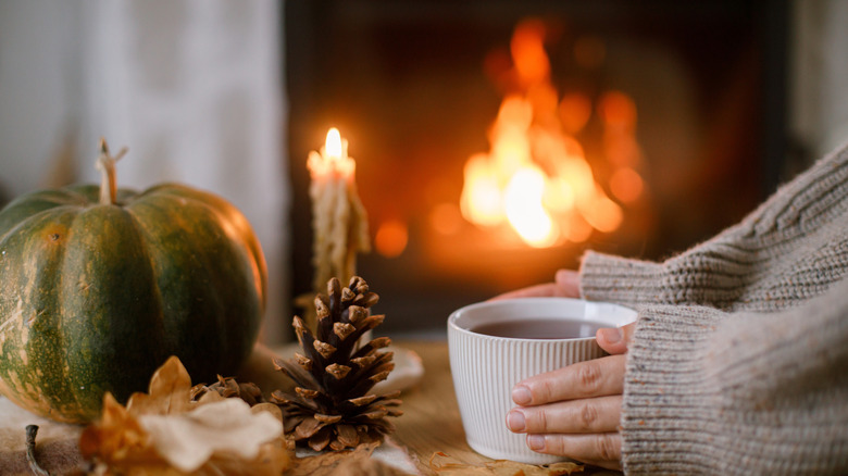 Someone snuggled up by a cozy fireplace