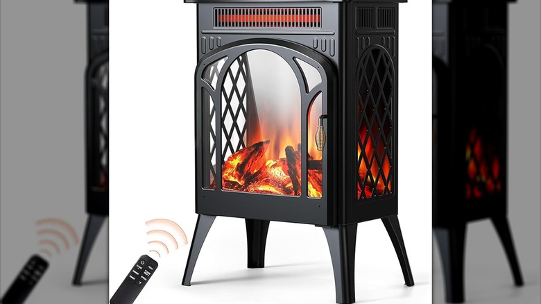 A small and black indoor fireplace heater