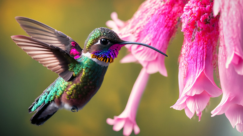 Hummingbird feeding from pink flowers