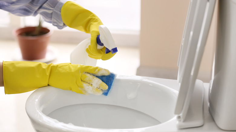 Gloved hands cleaning toilet