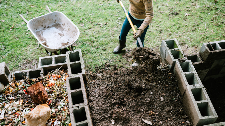 Woman shoveling compost pile 