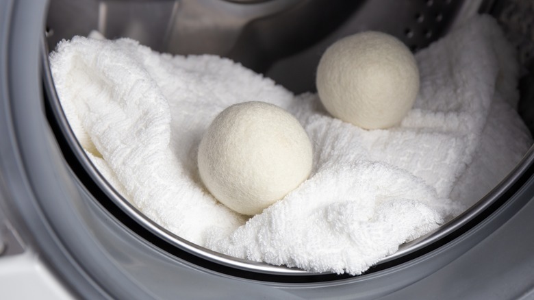 Stack of cloths and dryer balls