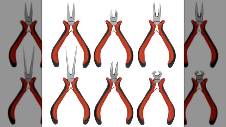 Six assorted red mini pliers are shown in detail