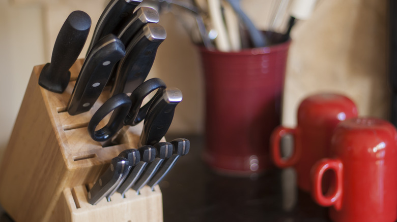 wooden knife block on counter