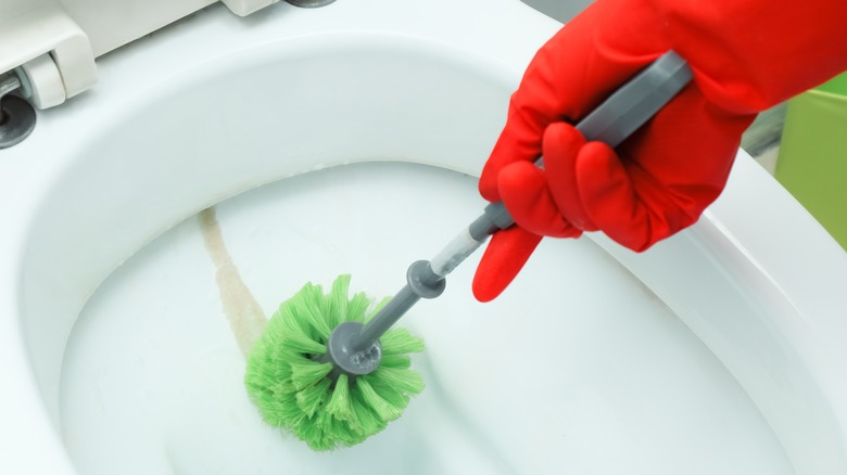 Gloved hand scrubbing toilet