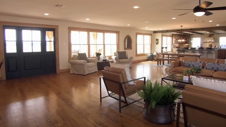 large living room with wood floors