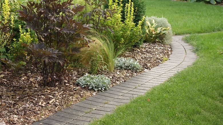 Two rows of flat pavers forming a landscape edge