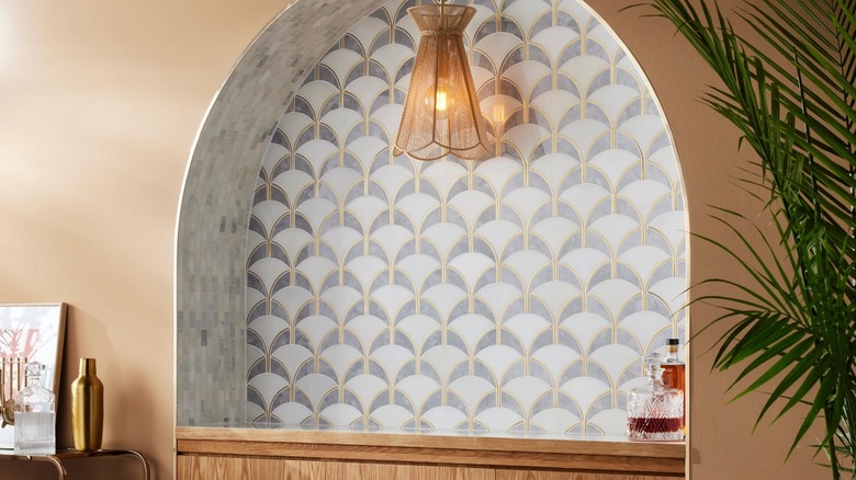 Bar nook with fish scale tiles on wall