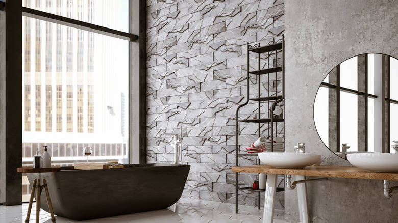 Textured stone tile on a bathroom wall