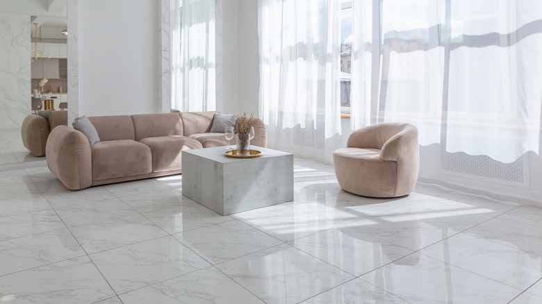 Living room with marble floor tiles