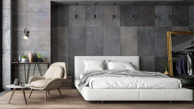 Bedroom wall with large gray tile