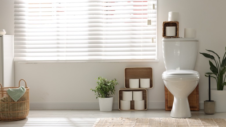 A simple, modern bathroom set up with stacked toilet paper storage solutions