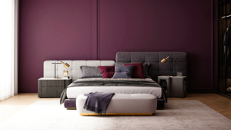 Dark purple and red bedroom design