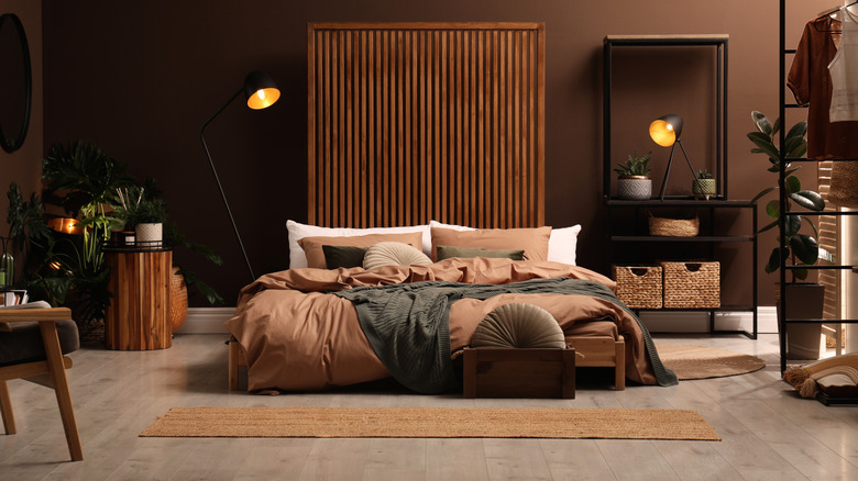 Bedroom with brown paint and decor