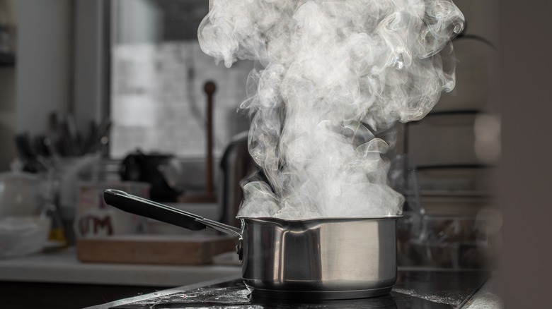 Pot of boiling water in kitchen