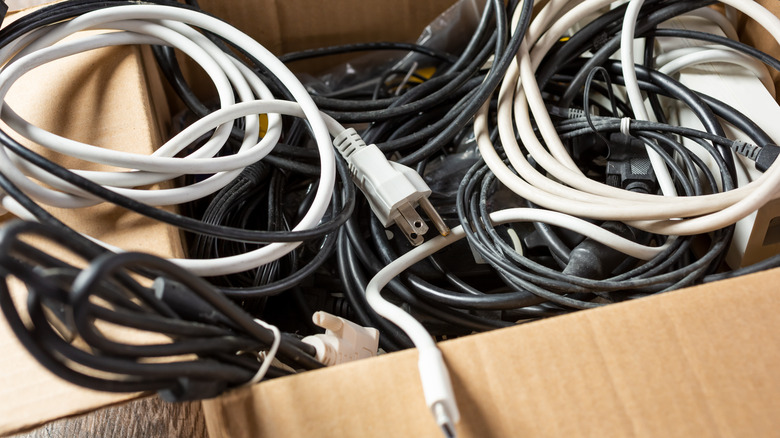 box of tangled cords